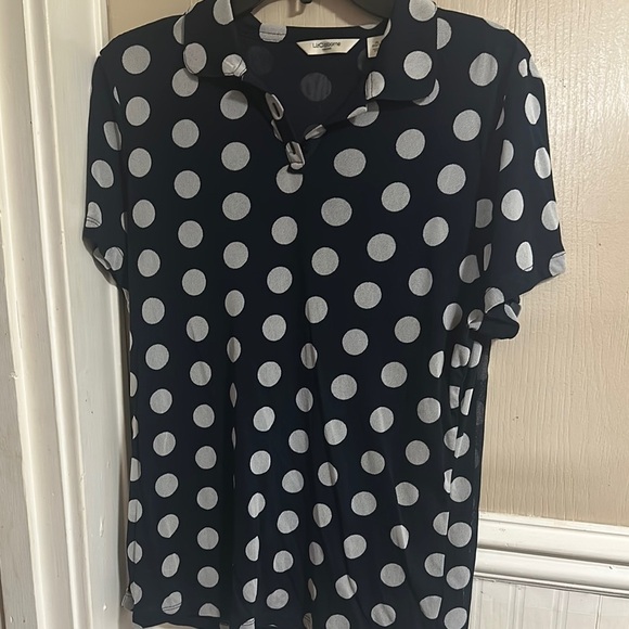 Liz Claiborne Tops - Liz Claiborne Dark Blue Sheer Lined Top with White Dots Collar Size XL